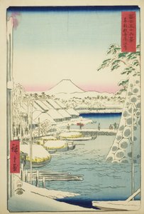 Elvebredden ved Sukiya i den østlige hovedstaden (Toto Sukiyagashi), fra serien "Thirty-six Views of Mount Fuji (Fuji sanjurokkei)" av Utagawa Hiroshige