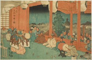 The Sacred Dance at the Shinmei Shrine in Shiba at Dawn (Shiba Shinmei, Omiya gengyo kagura no zu), fra serien "Famous Places in the Eastern Capital (Toto meisho)" av Utagawa Hiroshige