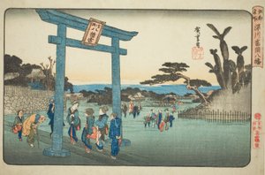 Te Tomigaoka Hachiman Shrine at Fukagawa (Fukagawa Tomigaoka Hachiman), fra TV-serien "Famous Paces Inn Edo" av Utagawa Hiroshige