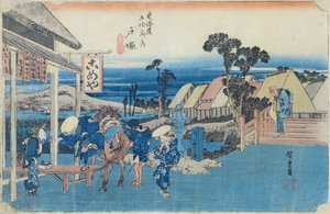 Totsuka: gaffel i gamlebyen, nr. 6 fra serien "Fifty-three Stations on the Tokaido", ca. 1834-35 (farget treblokktrykk)