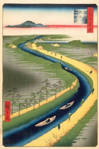 Towboats Langs Yotsugi-dori-kanalen, plate 33 fra serien One Hundred Famous Views of Edo, Edo Period, Ansei Era, 1857 (treblokktrykk) av Utagawa Hiroshige