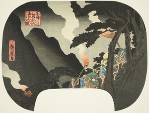 Reiser om natten i Hakone-fjellene på grensen til Izu- og Sagami-provinsene (Zuso Hakone-yama yako no zu), fra serien "Famous Places in the Various Provinces (Shokoku meisho)" av Utagawa Hiroshige