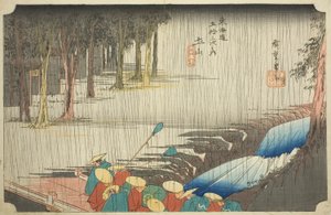 Tsuchiyama: Spring Shower (Tsuchiyama, haru no ame), fra serien "Fifty-three Stations of the Tokaido (Tokaido gojusan tsugi no uchi)," også kjent som Hoeido Tokaido av Utagawa Hiroshige