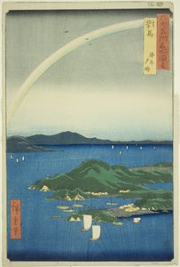 Tsushima Province: Clear Evening on the Coast (Tsushima, Kaigan yubare), fra serien "Famous Places in the Sixty-odd Provinces (Rokujuyoshu meisho zue)" av Utagawa Hiroshige