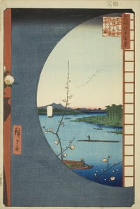 Utsikt fra Massaki of Suijin Shrine, Uchigawa Inlet og Sekiya (Massaki hen yori Suijin no mori Uchigawa Sekiya no sato o miru zu), fra serien "One Hundred Famous Views of Edo (Meisho Edo hyakkei)" av Utagawa Hiroshige