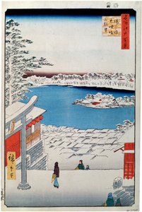 Utsikt fra toppen av skråningen ved Tenjin-helligdommen i Yushima, 1856-1858. av Utagawa Hiroshige