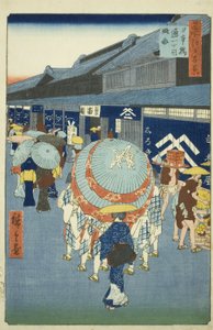 Vis w av Nihonbashi Tori tchome (Nihonbashi Tori tchome sketch), fra serien "Ridge dre d fa net s Views of Edo (Ett hundre berømte severdigheter i Edo)" av Utagawa Hiroshige