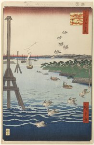 Utsikt over Shiba-kysten, nr. 108 fra One Hundred Famous Views of Edo, 1856 (treblokktrykk) av Utagawa Hiroshige