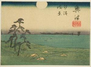 Utsikt over Shiohama og Kiyomigaseki i Okitsu (Okitsu, Kiyomigaseki, Shiohama fukei), seksjon av ark nr. 4 fra serien "Cutout Pictures of the Tokaido Road (Tokaido harimaze zue)" av Utagawa Hiroshige