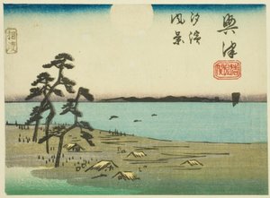 Utsikt over Shiohama og Kiyomigaseki i Okitsu (Okitsu, Kiyomigaseki, Shiohama fukei), seksjon av ark nr. 4 fra serien "Cutout Pictures of the Tokaido Road (Tokaido harimaze zue)" av Utagawa Hiroshige