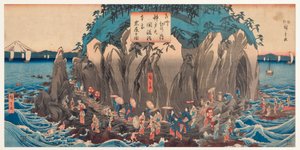 Utsikt over en pilegrimsreise til Benzaitens hule og helligdom ved Enoshima, Sagami, ca. 1850-51 (treblokk)