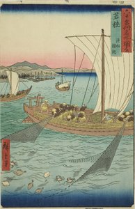 Wakasa Produsent: Fishing Boat Netting Fat Fish (Wakasa, Gyosen Karei Ami), fra serien "Famous Paces Inte Shi x ty - oh d p love inses av Utagawa Hiroshige