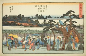 Wisteria i full blomst i precincts of the Kameido Tenmangu Shrine (Kameido Tenmangu keidai fuji hanazakari no zu), fra serien "Nyutvalgte kjente steder i Edo (Shinsen Edo meisho)" av Utagawa Hiroshige