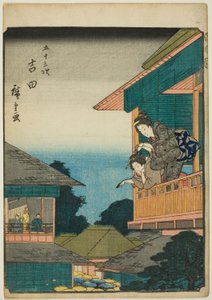 Yoshida, fra serien "Fifty-three Stations [of the Tokaido] (Gojusan tsugi)," også kjent som figuren Tokaido (Jinbutsu Tokaido) av Utagawa Hiroshige