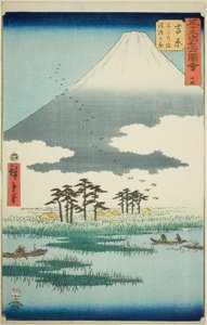 Yoshiwara: Fuji Marsh og Ukishima Plain (Yoshiwara, Fuji no numa ukishima ga hara), nr. 15 fra serien "Famous Sights of the Fifty-three Stations (Gojusan tsugi meisho zue)," også kjent som den vertikale Tokaido av Utagawa Hiroshige