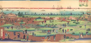 Illustrasjon av forhagen til Tsukiji Hotel i den østlige hovedstaden Toto ..., ca. 1868-72.