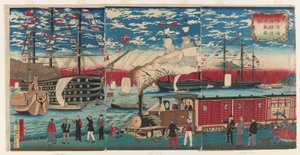 Bilde av et lokomotiv langs Yokohama Waterfront, Yokohama, Edo-perioden