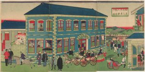 Bilde av damptoget fra de utenlandske etablissementene i Yokohama, Meiji-tiden