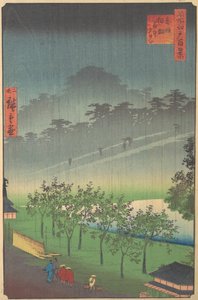 Kveldsutsikt over Kiribata i regn ved Akasaka, 1859.