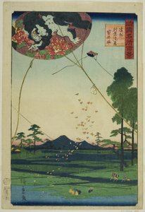 Kites of Fukuroi og Distant View of Akiba i Totomi-provinsen (Enshu Akiba enkei Fukuroi tako), fra serien "One Hundred Famous Views in the Various Provinces (Shokoku meisho hyakkei)" av Utagawa Hiroshige II