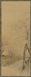Landskap: blomstrende kirsebærtrær langs bredden av en bekk, Edo-perioden, 1615-1868.
