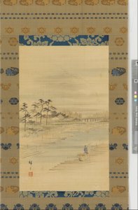 Elvelandskap: tømmergårder og flåter, midten av 1800-tallet. av Utagawa Hiroshige II