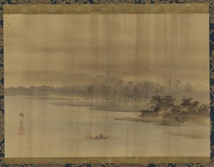 Elvelandskap og tempel i regnet, Edo-perioden, 1800-tallet. av Utagawa Hiroshige II