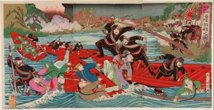 Tung kamp på land og sjø ved Taidong-elven ved Pyongyang, september 1894 (treblokktrykk; blekk og farge på papir) av Utagawa II Kunitora