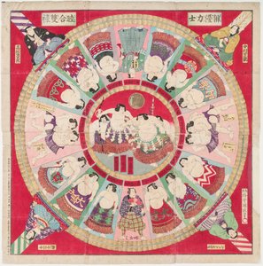 Sugoroku-spill (tradisjonelt brettspill hvis brett er dekorert med sumobrytere og en kampscene). Trykk av Utagawa Kunisada II (1848-1920) - Sugoroku Game, av Kunisada III (Kunimasa IV), Utagawa (1848-1920). Fargetresnitt. Dimensjon : av Utagawa IV Kunimasa