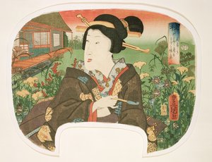 Høst, Hanayashiki: En geisha med pipe, design for en vifte fra et sett på fire som illustrerer årstidene, 1858-60 (treblokktrykk)