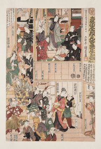 Backstage ved sesongåpningsforestillingen til Morita Theatre (Morita-za kaomise gakuya no zu, sanmai tsuzuki) (treblokktrykk i farger) av Utagawa Kunisada