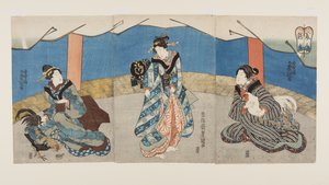 Skjønnheter under en hanekamp (Bijin Toriaiu) (treblokktrykk i farger) av Utagawa Kunisada