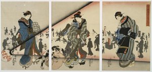 Nattescene med jenter, dyr og lykter av Utagawa Kunisada