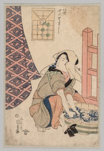 Sittende kvinne som vasker klær i et trekar av Utagawa Kunisada