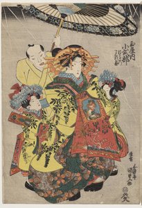 Kurtisanene Hanamurasaki og Koshikibu fra Tamaya Promenading in the Rain av Utagawa Kunisada