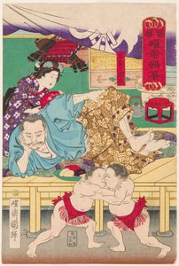 Kamp av to sumobarn foran Tachibana Muneshige (1567-1642). Trykk av Kuniteru, Utagawa (1808-1876)