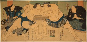 Sumobrytere kjemper, Tagasugo mot Ayusegawa. Trykk av Utagawa Kuniteru (1808–1876)