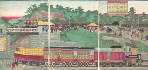 Illustrasjon av et damplokomotiv som kjører på Takanawa Railroad i Tokyo Tokyo ta..., ca. 1873.