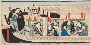 Sumobryter Dairiki Maru på båt med venner. Trykk av Utagawa Kuniteru (1808-1876)