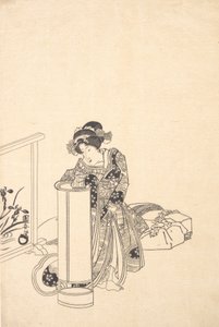 Ung kvinne lener seg over en høy lampe. av Utagawa Kuniyasu