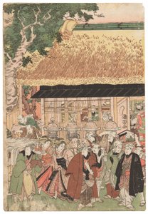 En gruppe skuespillere på vei til Oji (Inari jinja)-helligdommen på nyttårsdag, signert Kuniyoshi, kiwame-sel, Oban tate-e triptych (farget treblokktrykk) av Utagawa Kuniyoshi