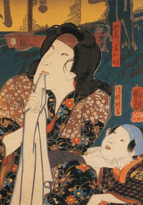Skuespiller i ettertenksom positur ved siden av barnet, av Utagawa Kuniyoshi, tresnitt av Utagawa Kuniyoshi