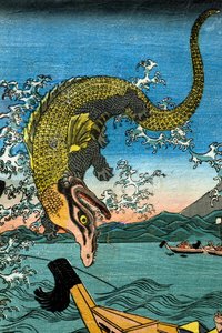 Asahina Yoshihides kamp med to krokodiller i havet utenfor Kamakura Kotsubo av Utagawa Kuniyoshi