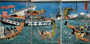 Asahina Yoshihides kamp med to krokodiller i havet utenfor Kamakura Kotsubo av Utagawa Kuniyoshi