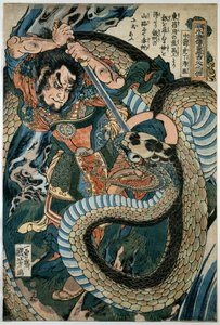Chūsenko Teitokuson (Ding Desun) angrepet av en slange på en fjellsti av Utagawa Kuniyoshi