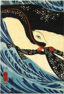 Triptyk med farget treblokk, som viser den store sverdmannen Miyamoto Musashi som angriper en gigantisk hval utenfor kysten av Hizen-provinsen: Japan, Edo, av Utagawa Kuniyoshi av Utagawa Kuniyoshi