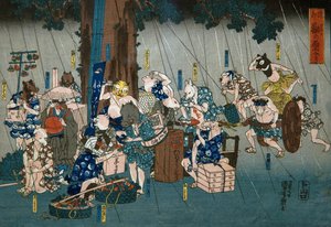 Komiske dyr som tar ly for regn (Dōke kemono no amayadori), ca. 1842 av Utagawa Kuniyoshi