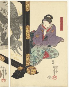 Tre skuespillere ved en sammenleggbar skjerm av Utagawa Kuniyoshi