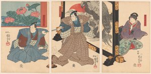Tre skuespillere ved en sammenleggbar skjerm av Utagawa Kuniyoshi