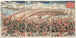 Ellevte akt av «Chushingura»: De lojale troppene samles ved Ryogoku-broen av Utagawa Kuniyoshi